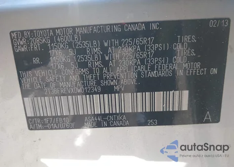 2013 Toyota Rav4 Le z USA, uszkodzony, nr VIN 2T3BFREVXDW012349